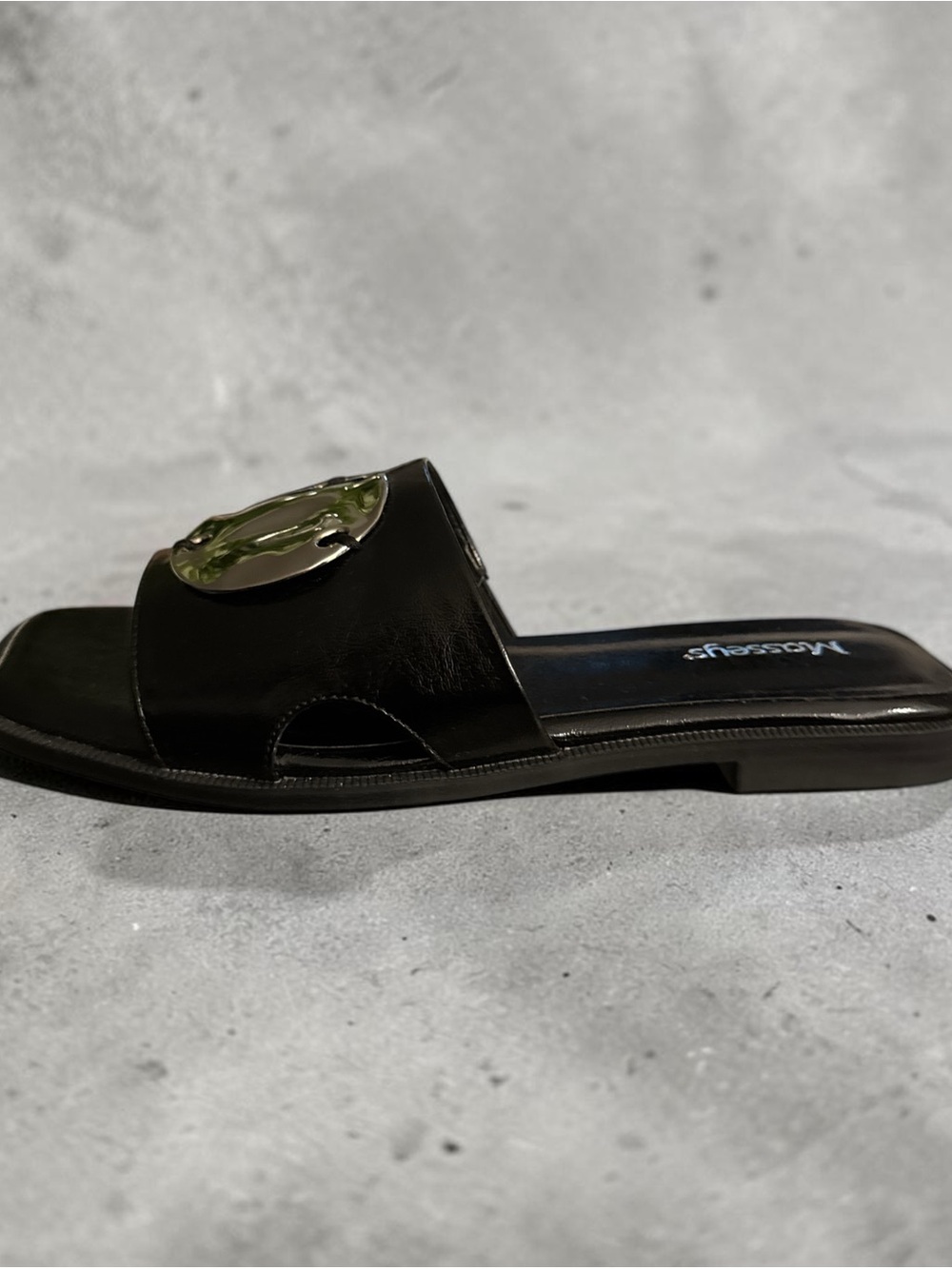 Black Slide Sandal with Silver Metal Accent